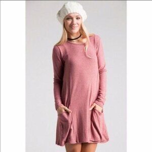 Mauve Brushed Knit Long Sleeve Dress W/Pockets